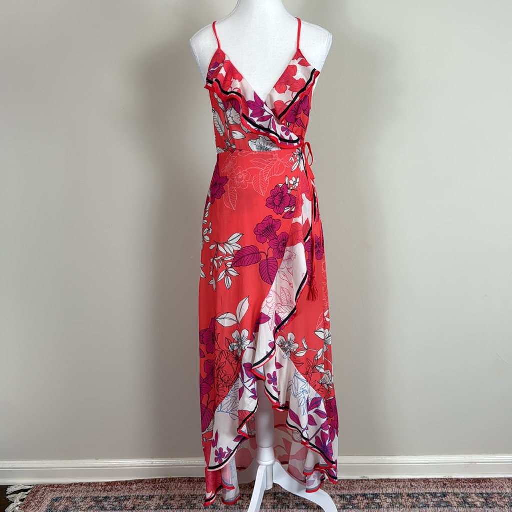 Flying Tomato Anthro Ruffled Open Back Wrap Maxi Dress Contrast Floral Sz Sml